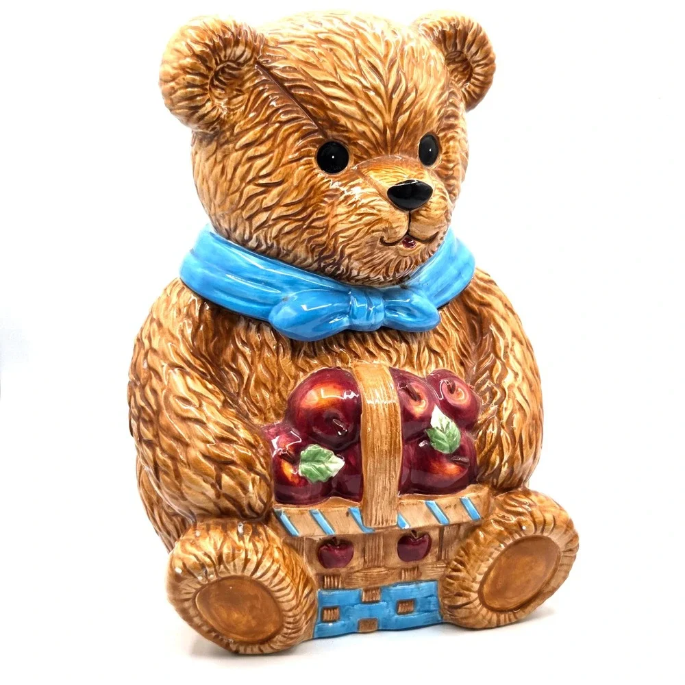 VINTAGE Ceramic Teddy Bear Holding Apples Cookie Jar LARGE 13